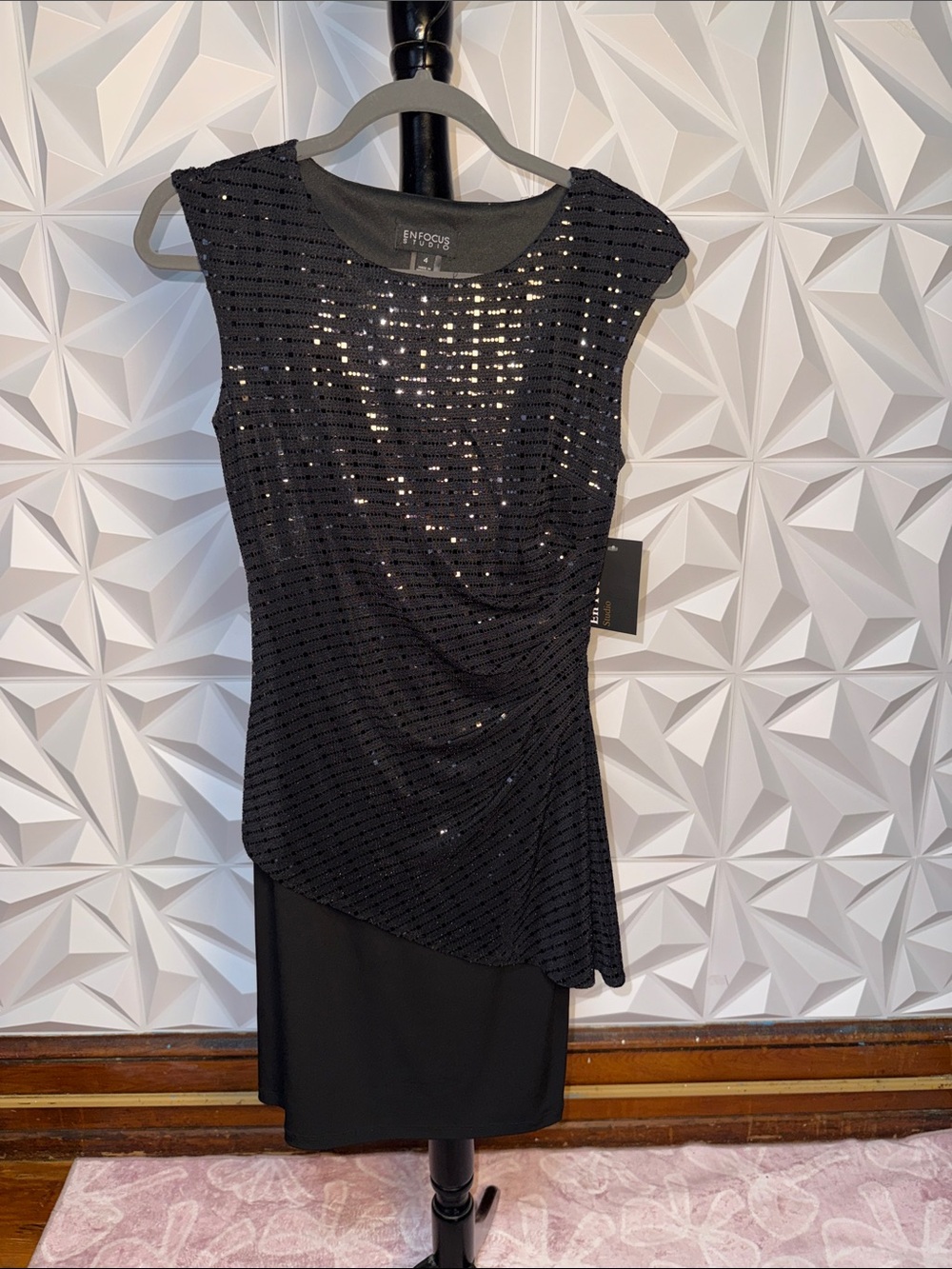Enfocus Studio Black Sequin Asymmetrical Sheath Dress
